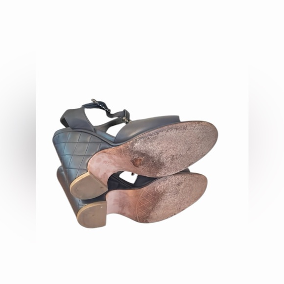 CHANEL Lambskin Leather T-Strap Wedge CC Sandals - Picture 10 of 15